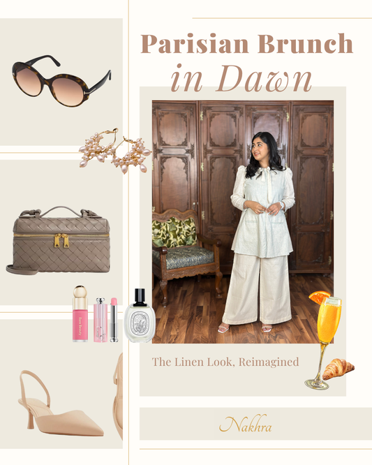 a collage of products - sunglasses, bag, heels, earrings and the Dawn co-ord set outfit that make the perfect look for a Persian Brunch