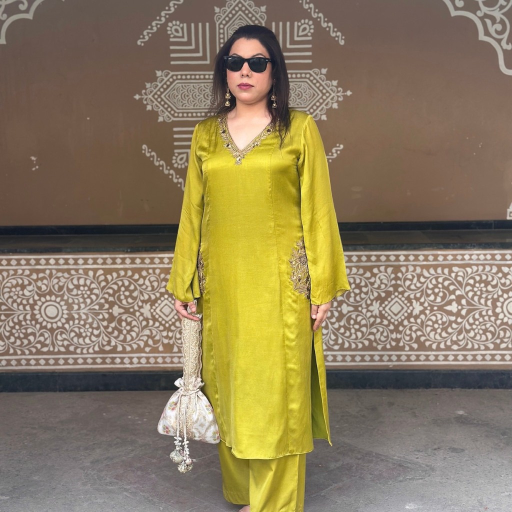 Model wearing our handcrafted Lemon Grass colouredCape Set