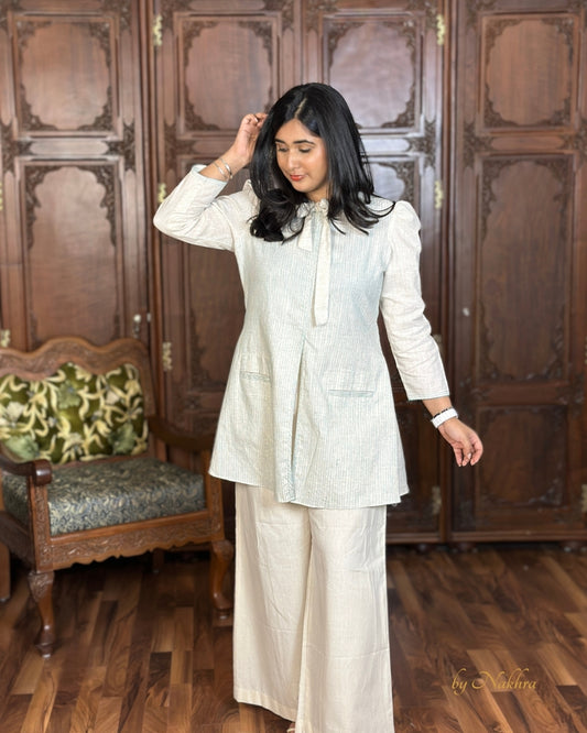 Side view of Dawn co-ord set in breathable khadi cotton with soft silhouette and contrast stitching