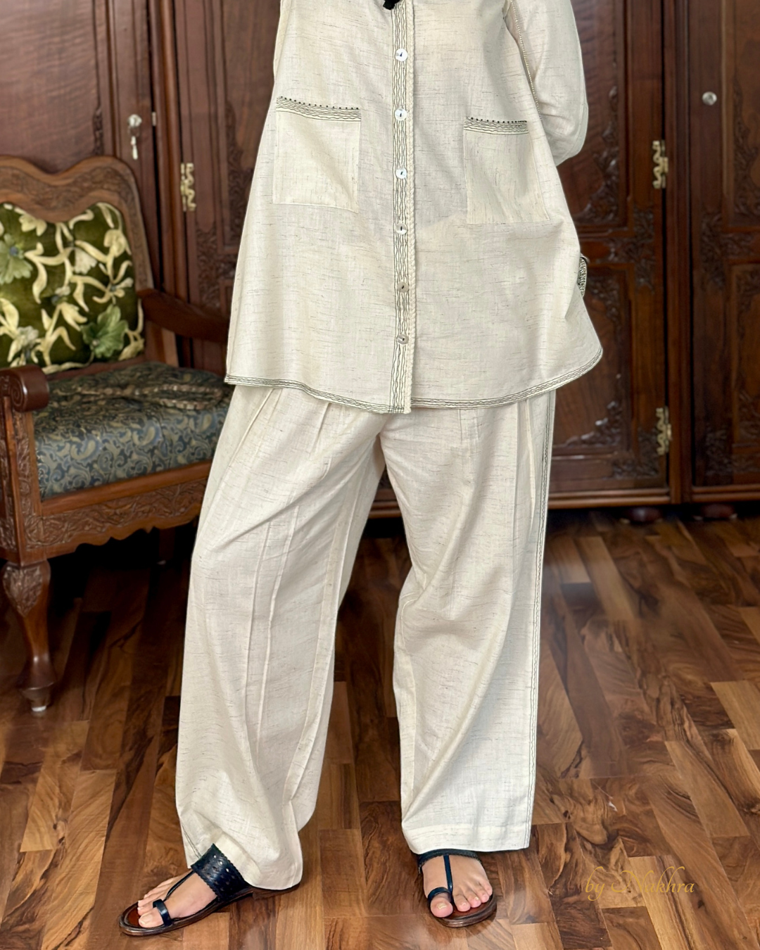 Functional pocket detail on ivory khadi Morning Haze co-ord set with textured finish