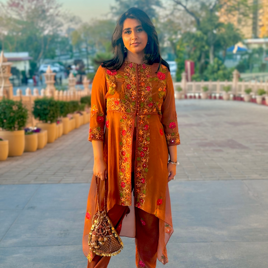 Model wearing brown co-ord set